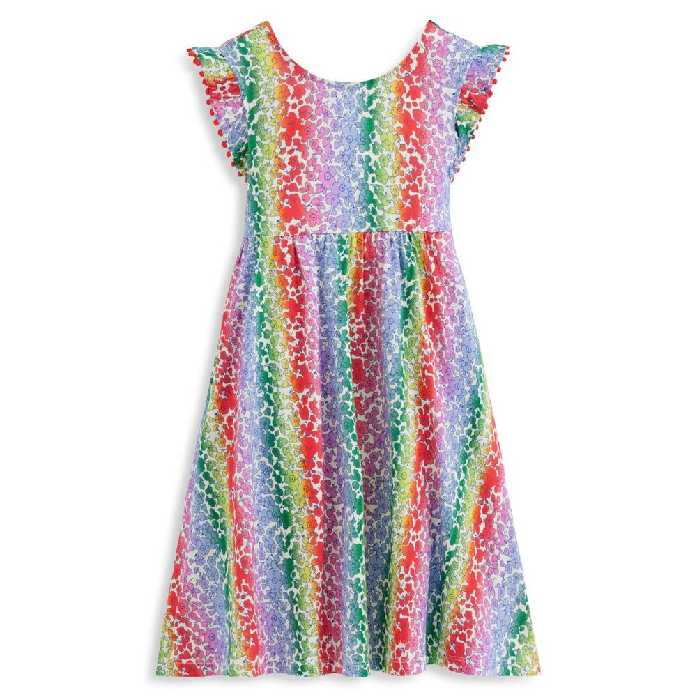 Mini Boden Girls 4-5Y Kids' Bow Back Pom Pom Arm Rainbow Ombre Jersey Dress